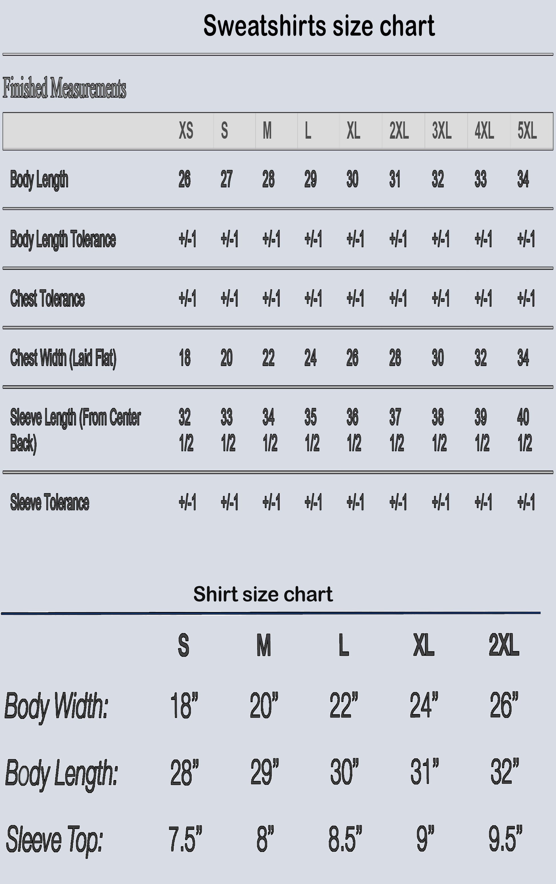 Size chart for Nana Sweatshirt