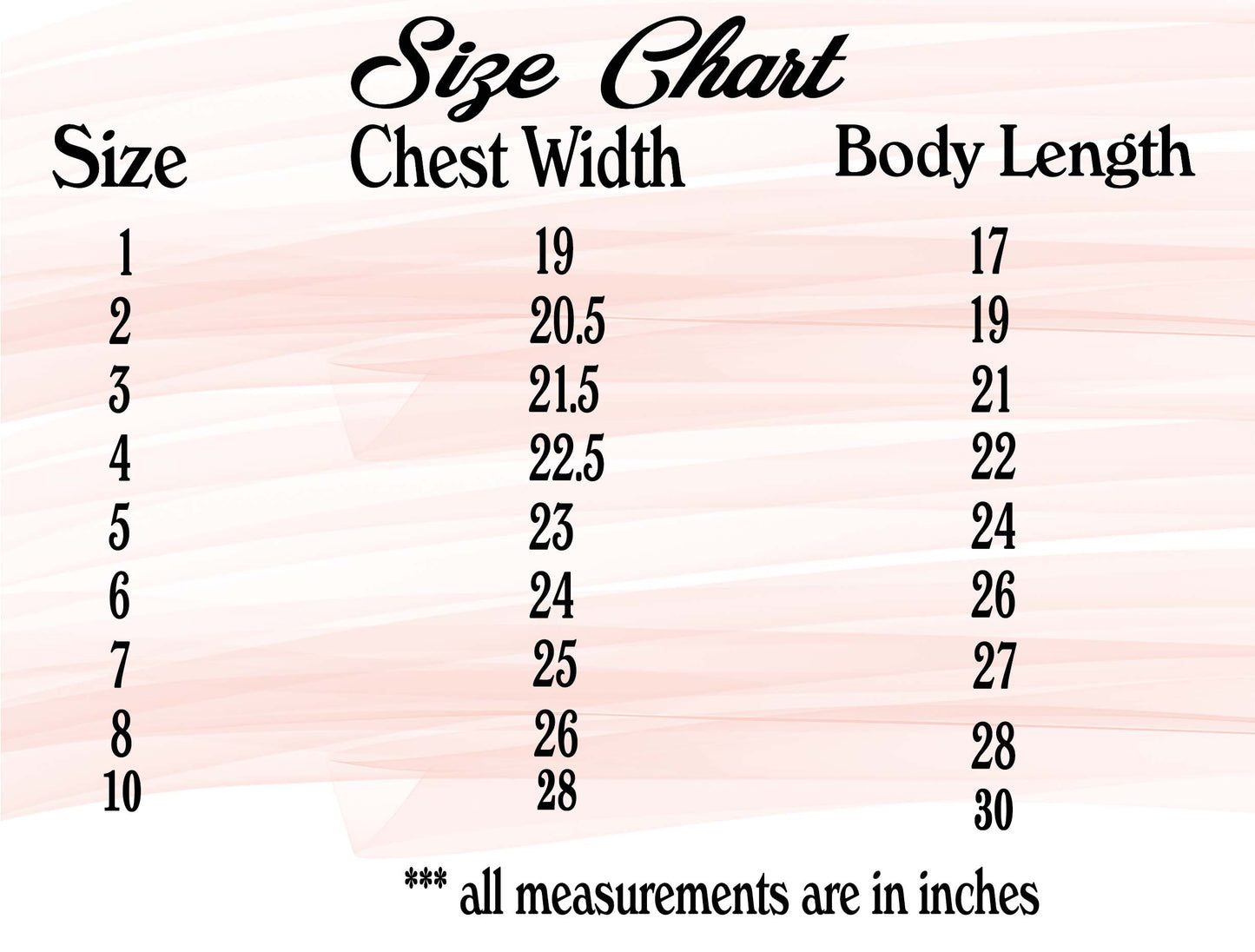 Size chart for Rainbow Sundress