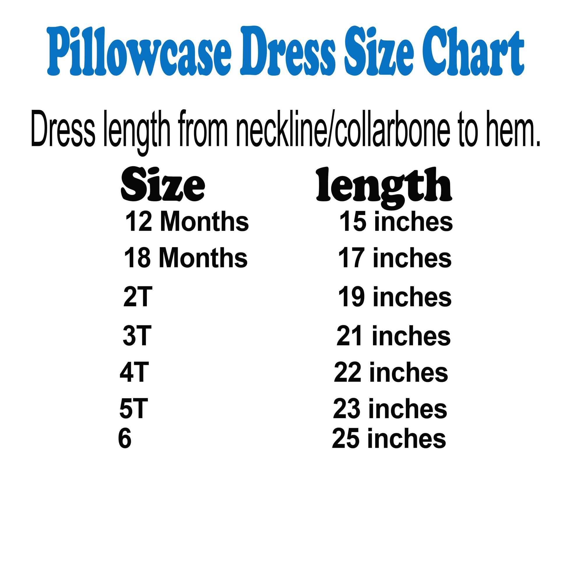 Size chart for Pillowcase dress Troll Poppy 