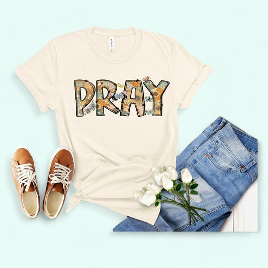 Christian tee shirts Pray natural color shirt