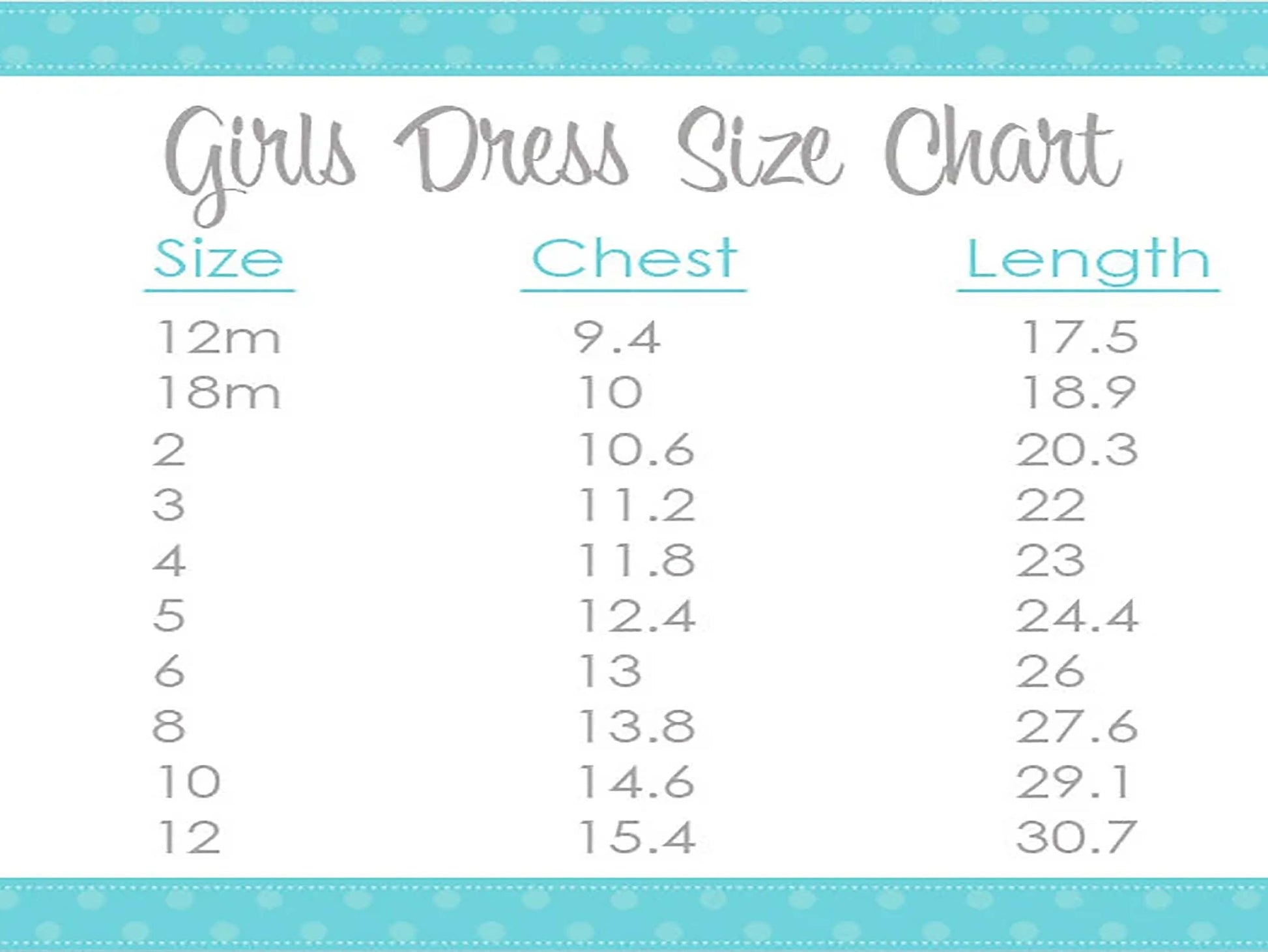 Unicorn birthday dress size chart