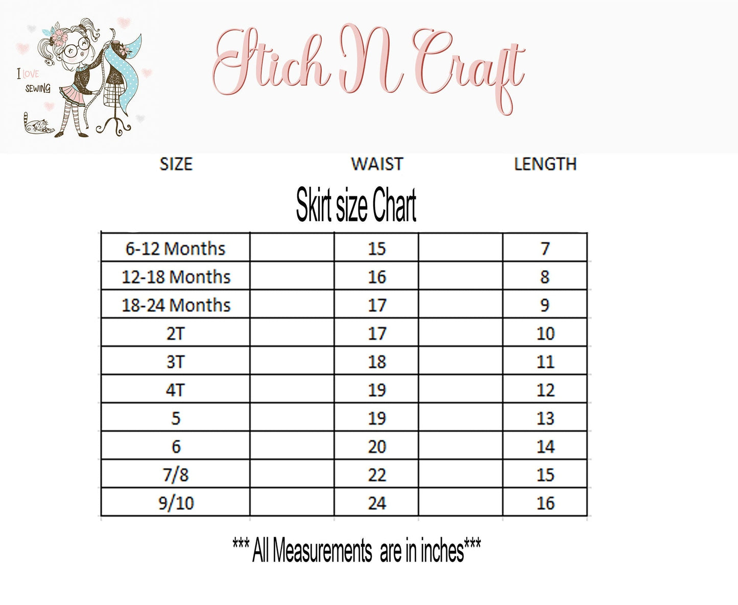 Bluey dog skirt size chart 