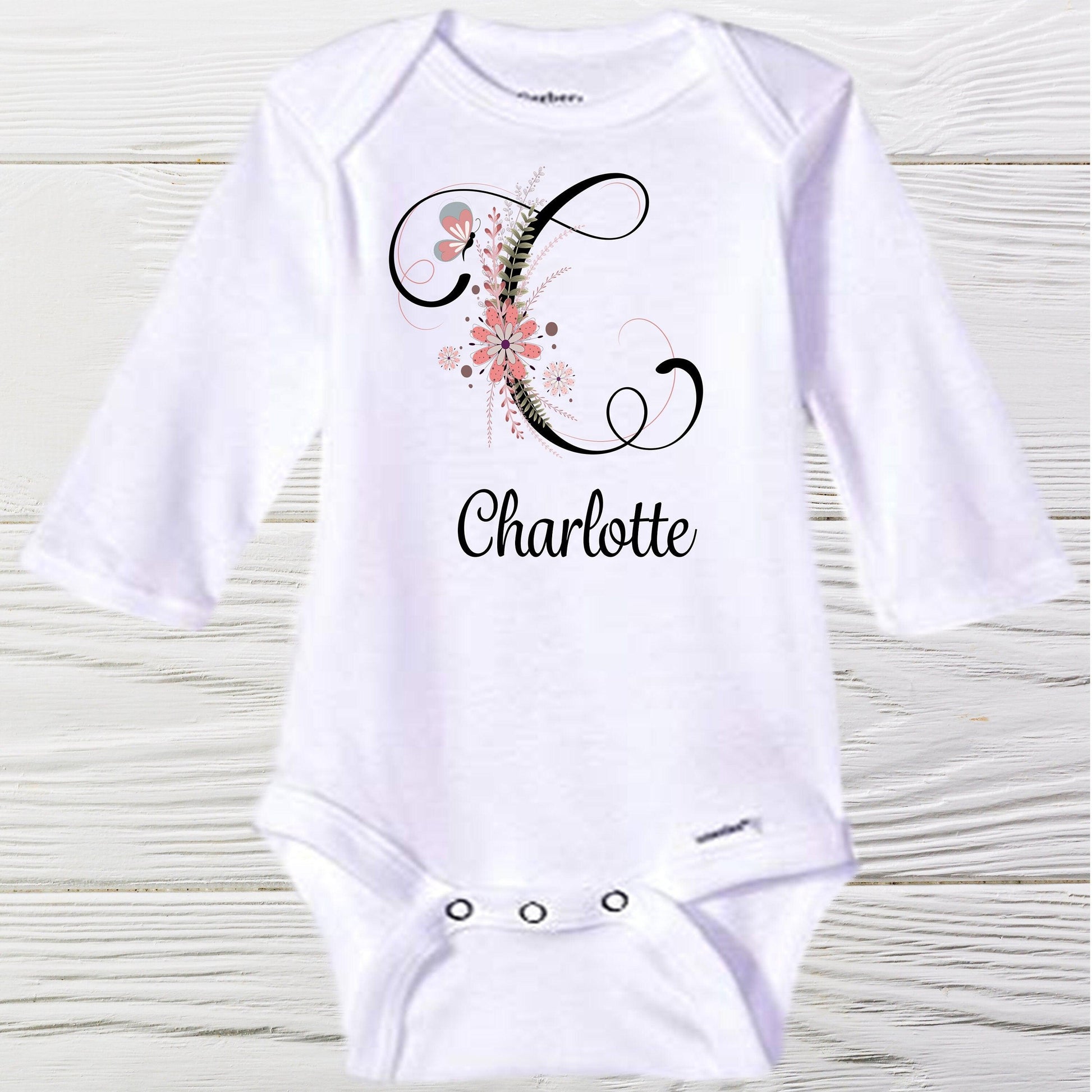 Girls personalized onesie Long sleeve letter C