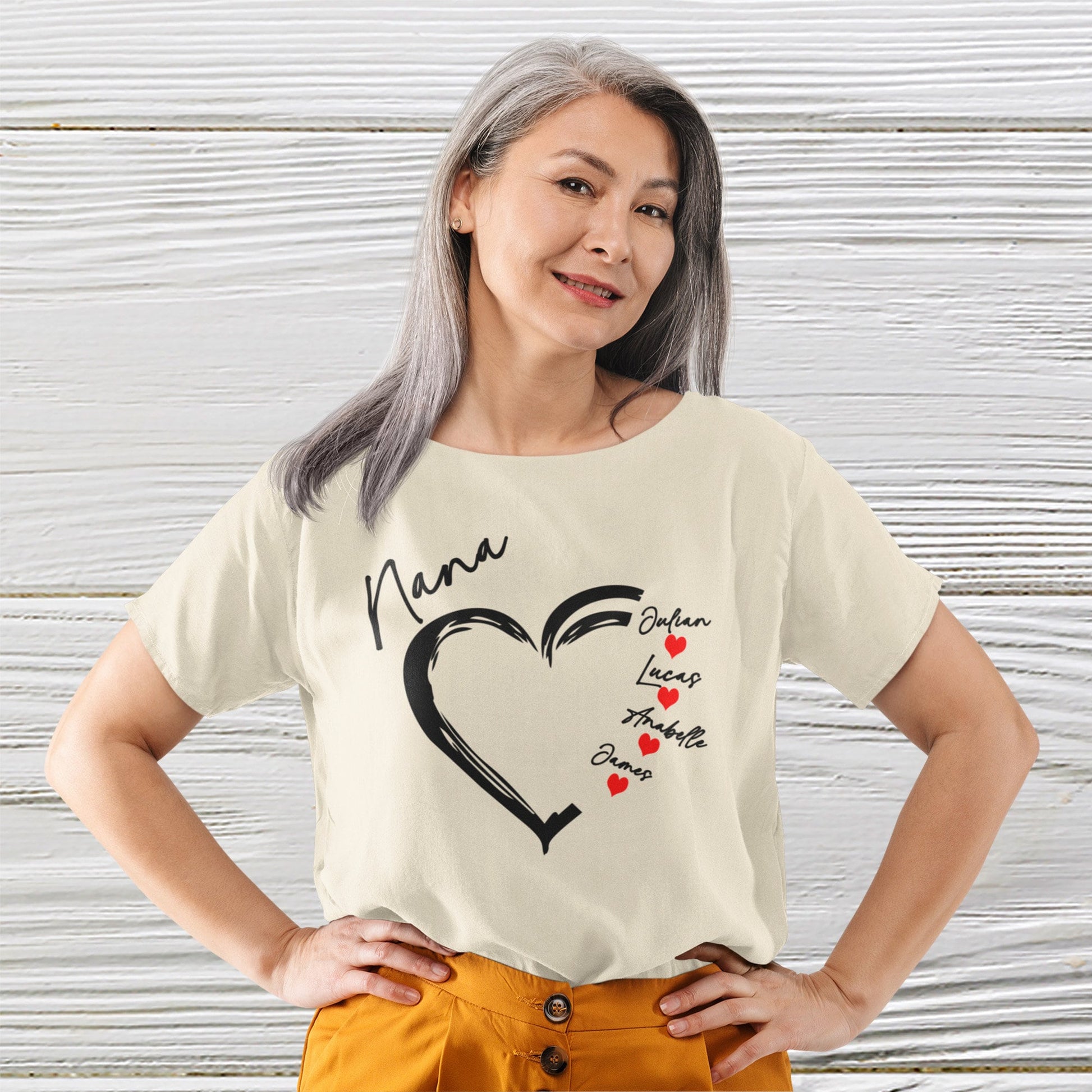 Lady wearing Natural color Nana shirt 